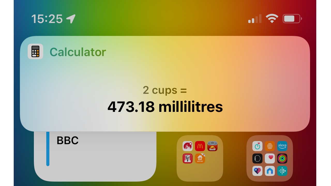 iPhonens kalkulator konverterer 2 cups til milliliter