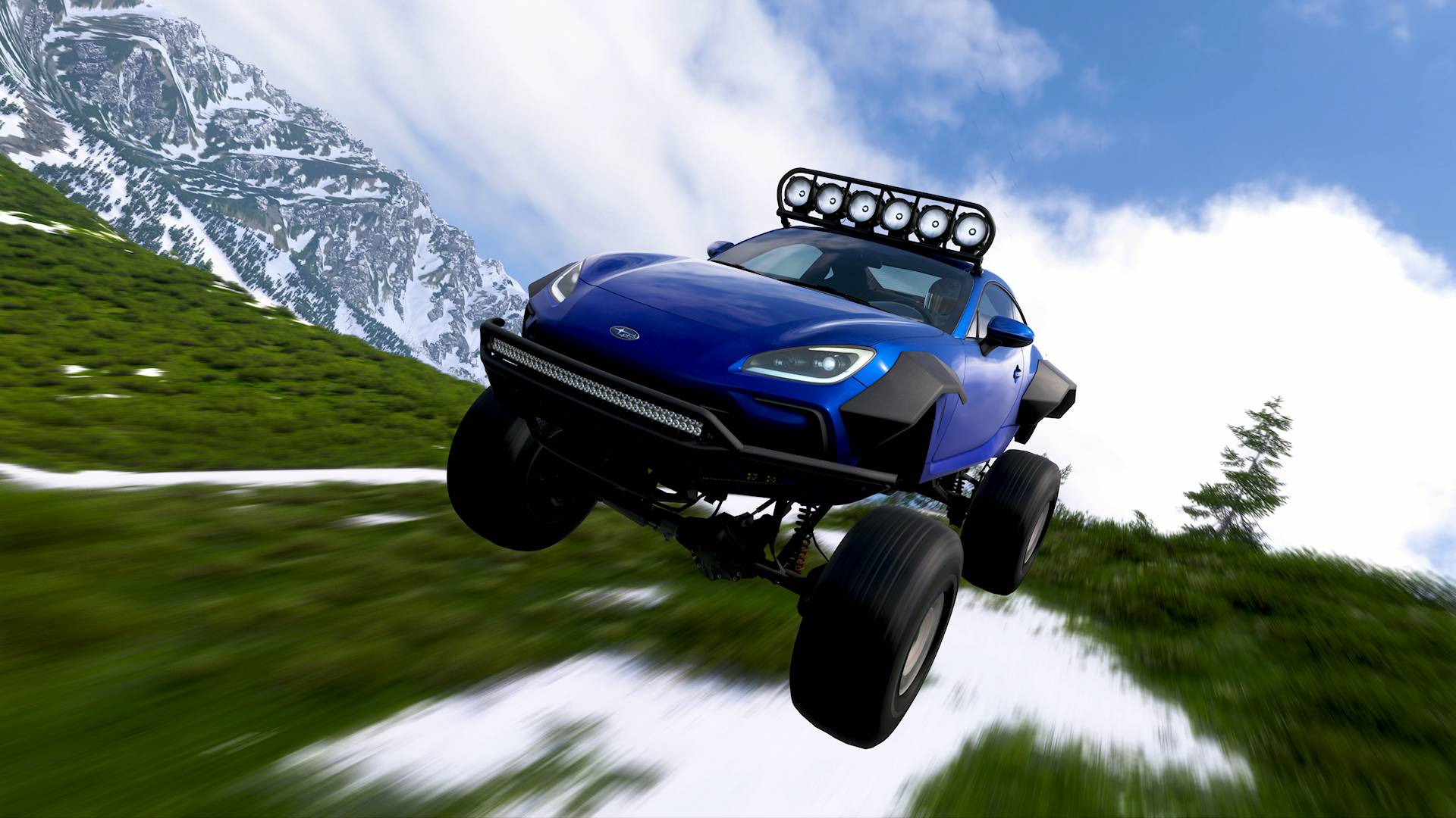 Forza Horizon 6 subaru BRX forza edition in mid air driving over mountain