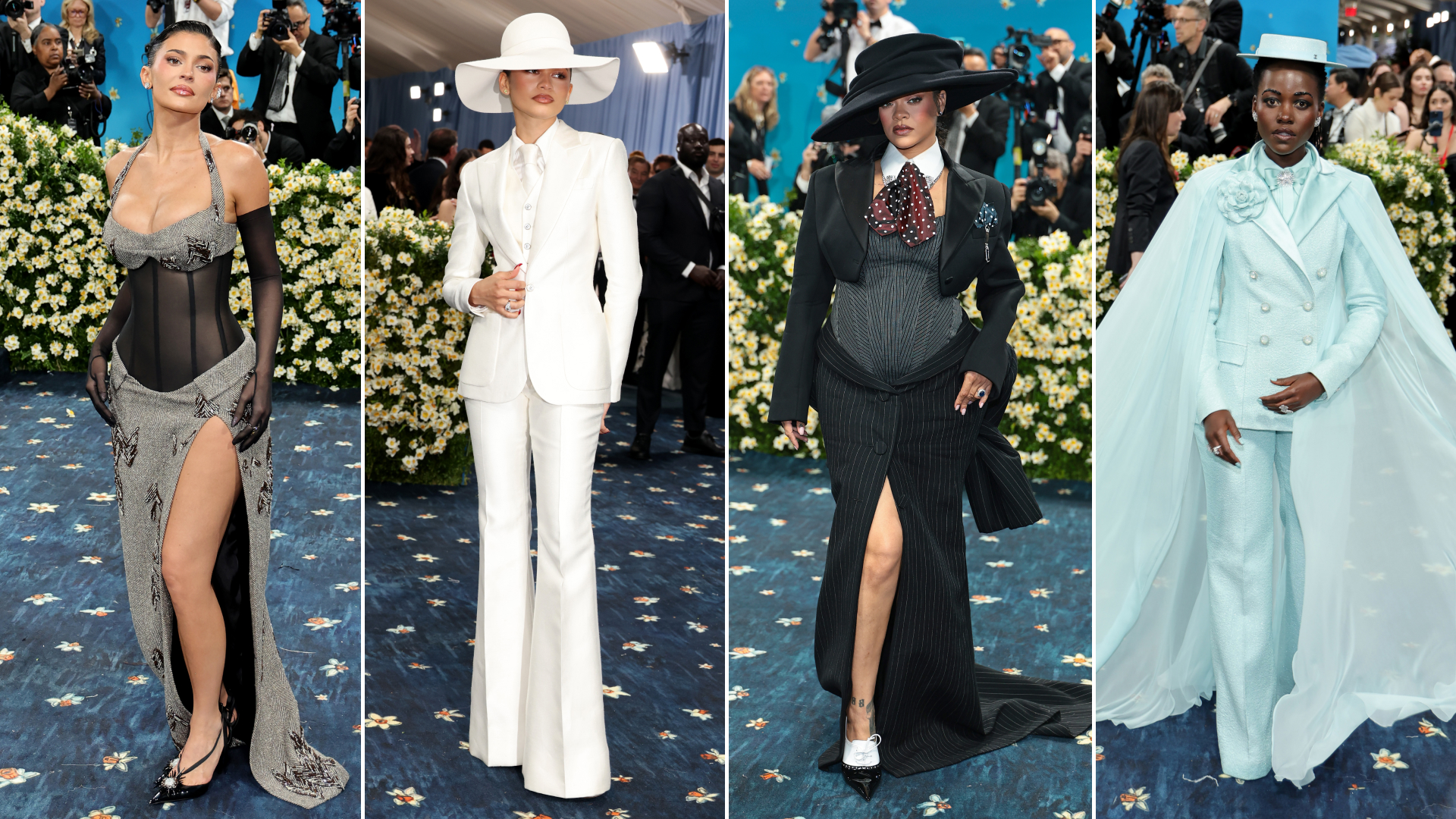 split image of kylie jenner, zendaya, rihanna, and lupita Nyong'o at the 2025 met gala on may 5, 2025