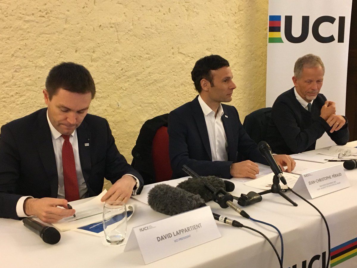 UCI President David Lappartient with Jean Christophe Peraud and Bob Stapleton