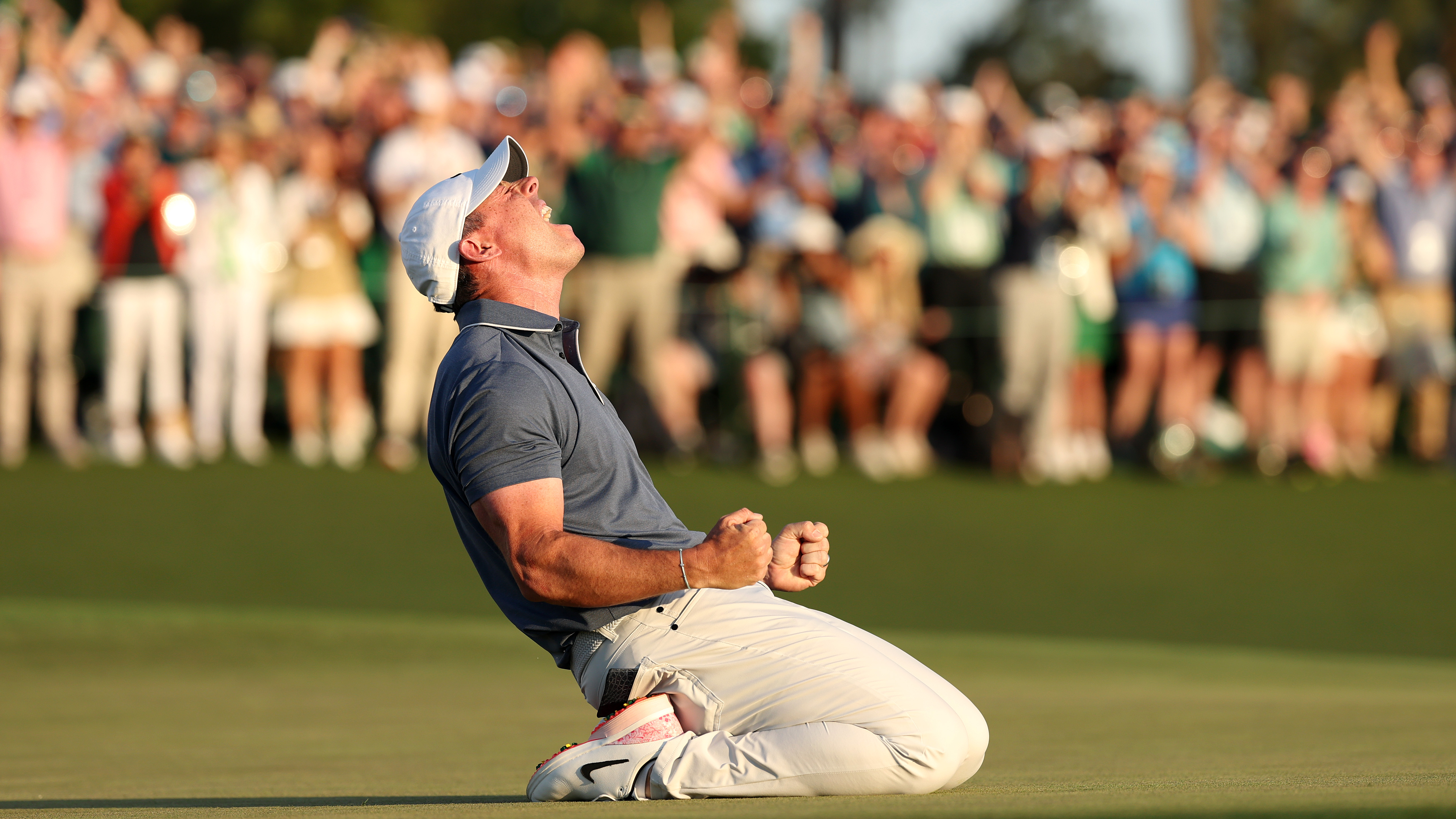Rory McIlroy of Northern Ireland celebrates winning the 2025 Masters Tournament