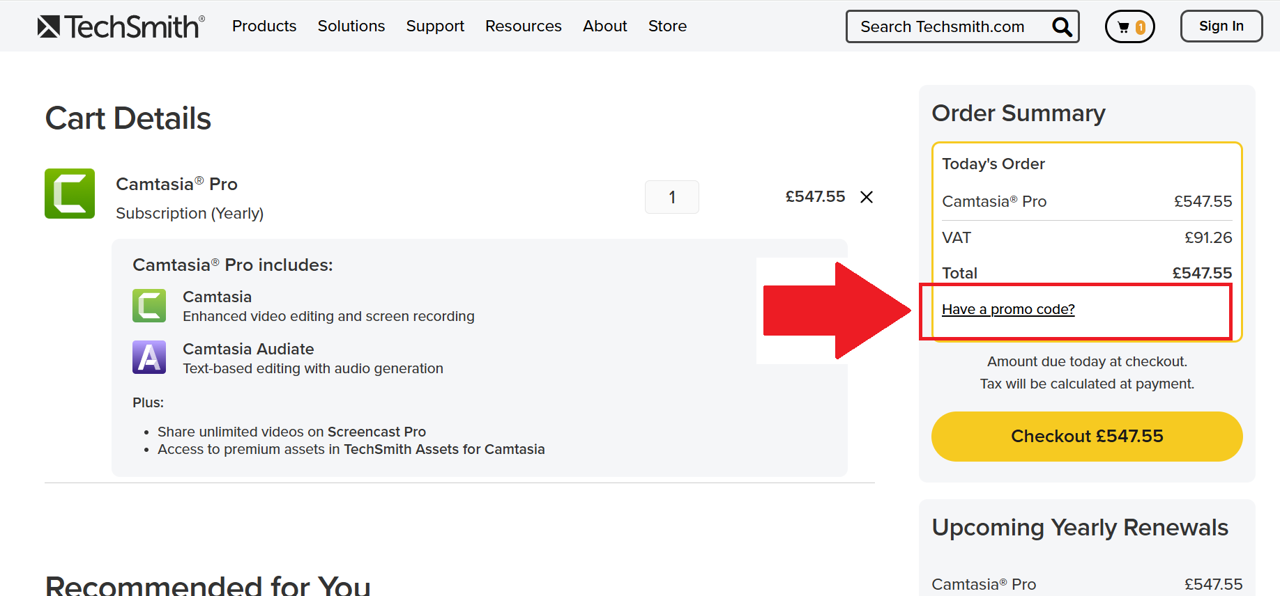A screenshot of the TechSmith checkout page and where to enter your techsmith promo code