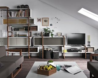 Open modular shelving media wall in modern living room