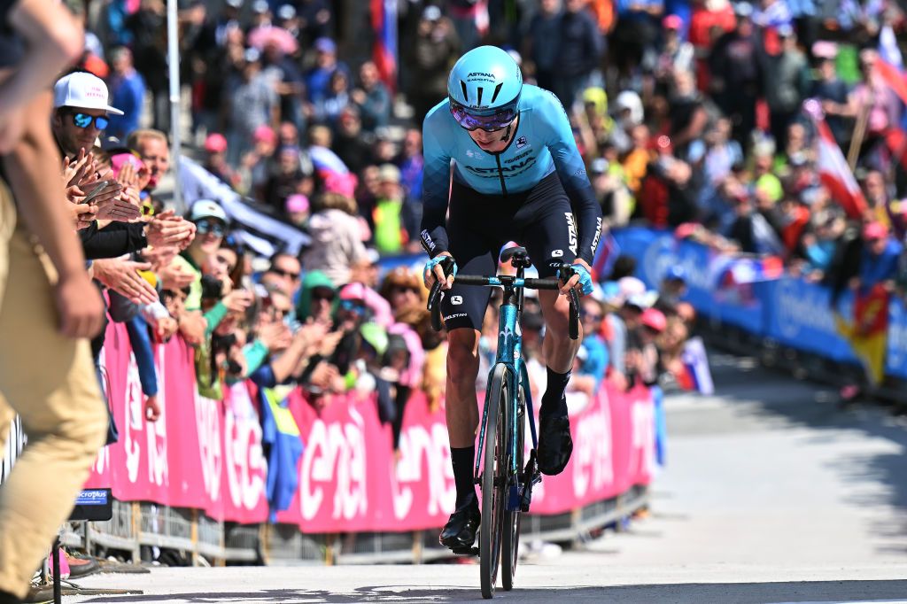 MONTE LUSSARI ITALY MAY 27 Joe Dombrowski of The United States and Astana Qazaqstan Team crosses the finish line during the 106th Giro dItalia 2023 Stage 20 a 186km individual climbing time trial stage from Tarvisio 750m to Monte Lussari 1744m UCIWT on May 27 2023 in Monte Lussari Italy Photo by Stuart FranklinGetty Images