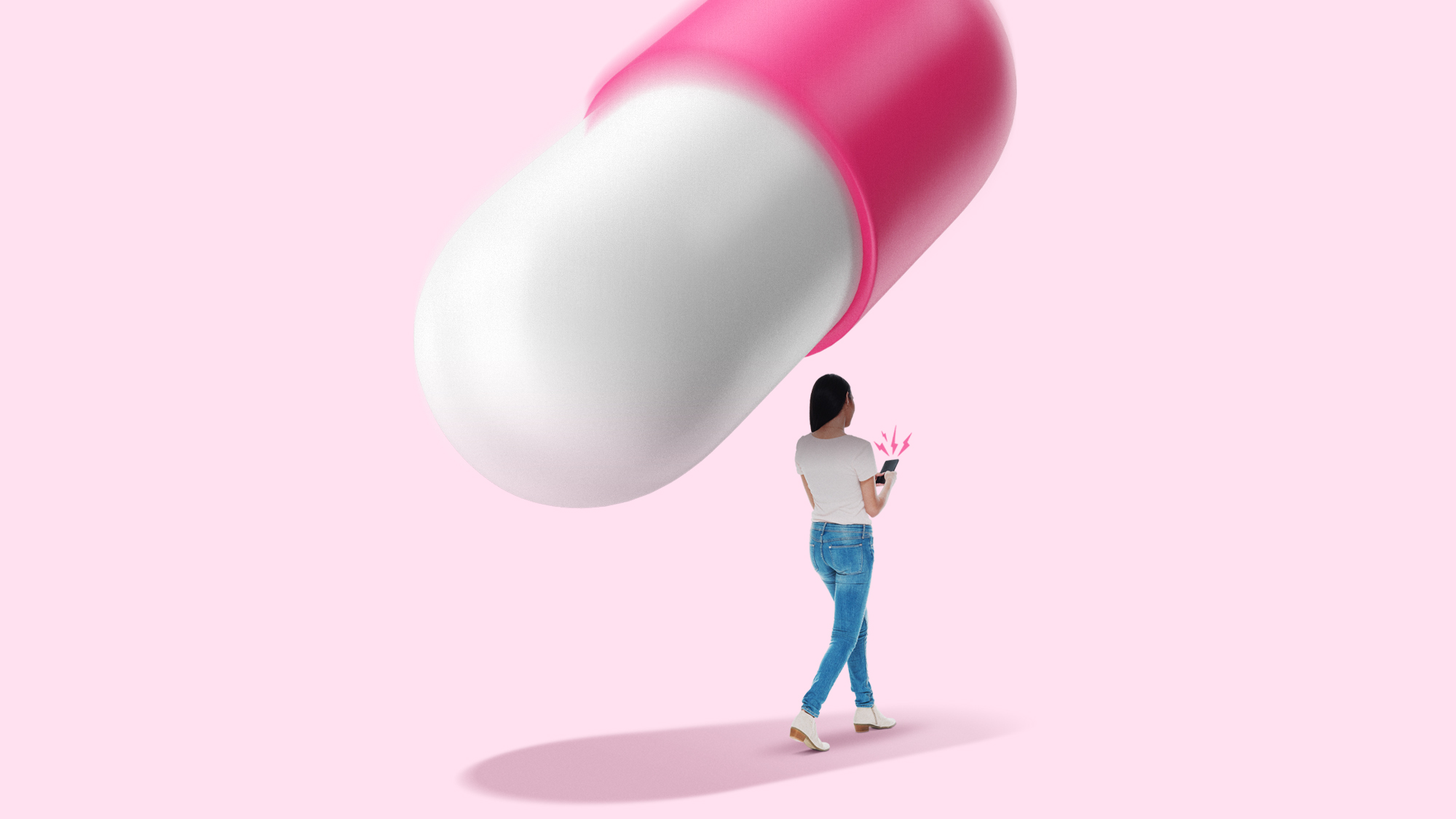 Illustration of a pink pill crashing down onto a woman using a smartphone