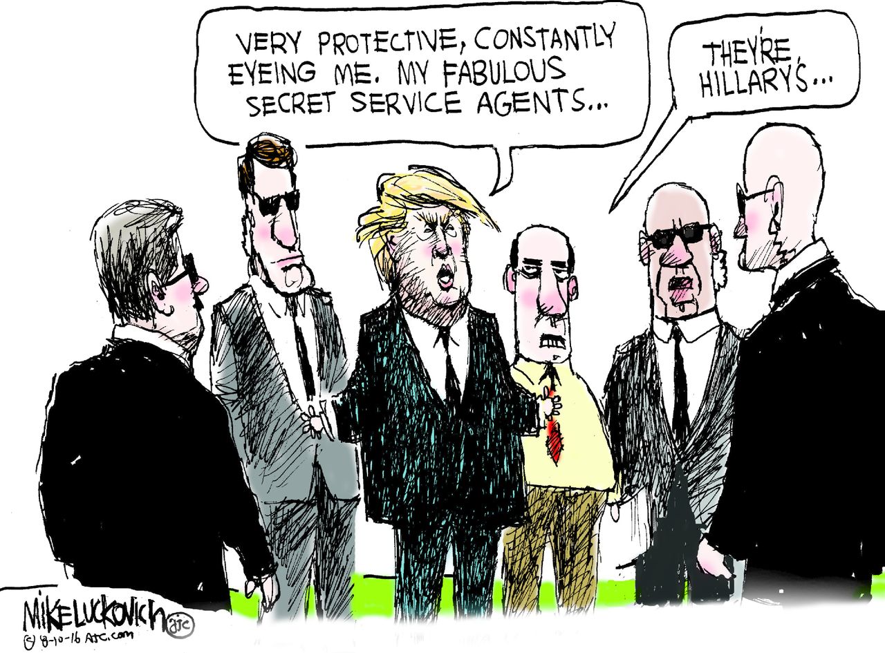 Political cartoon U.S. Donald Trump Secret Service protection Hillary Clinton comments