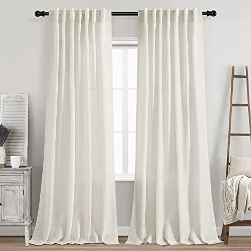 Cream Linen Back Tab Curtains 84 Inch Length for Living Room 2 Panel Set Neutral Modern Farmhouse Window Privacy Semi Sheer Linen Drapes Rustic Pinch Pleated Lo
