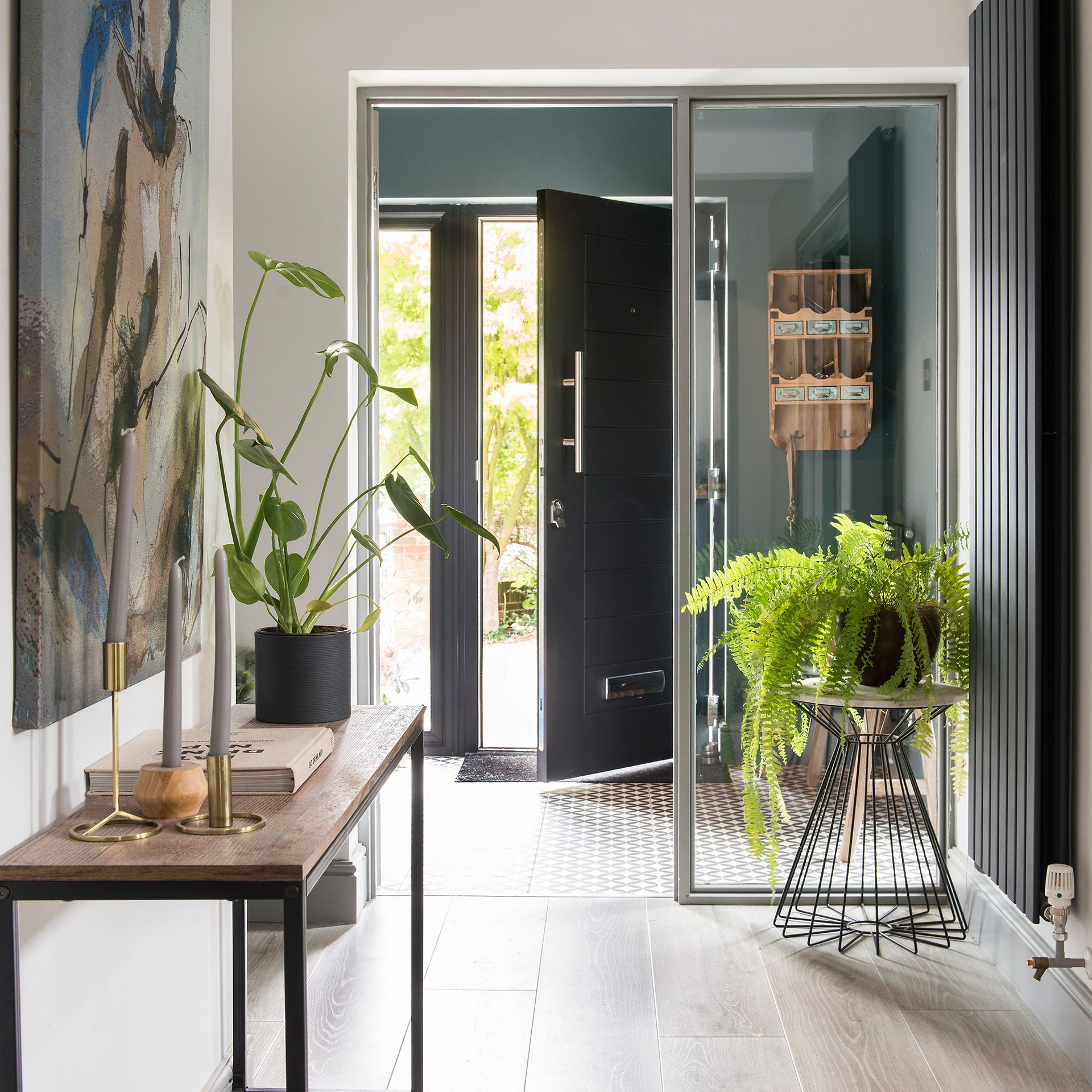 Hallway with navy door and houseplants