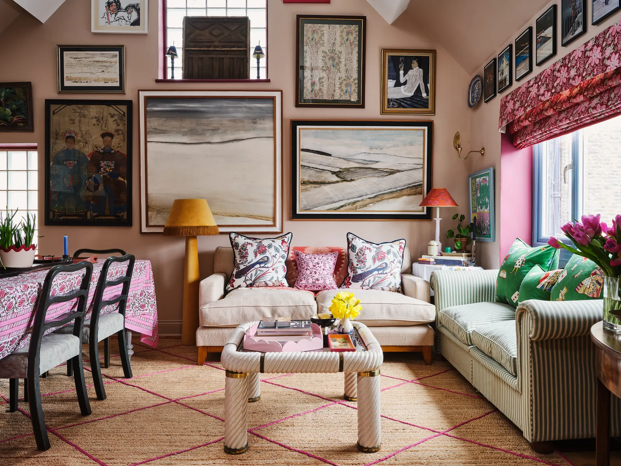 colorful living room with a dining table in it