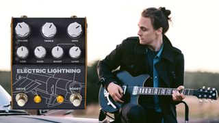 Chris Buck sitting on the hood of car, playing a Yamaha Revstar, next to a ThorpyFX Electric Lightning pedal