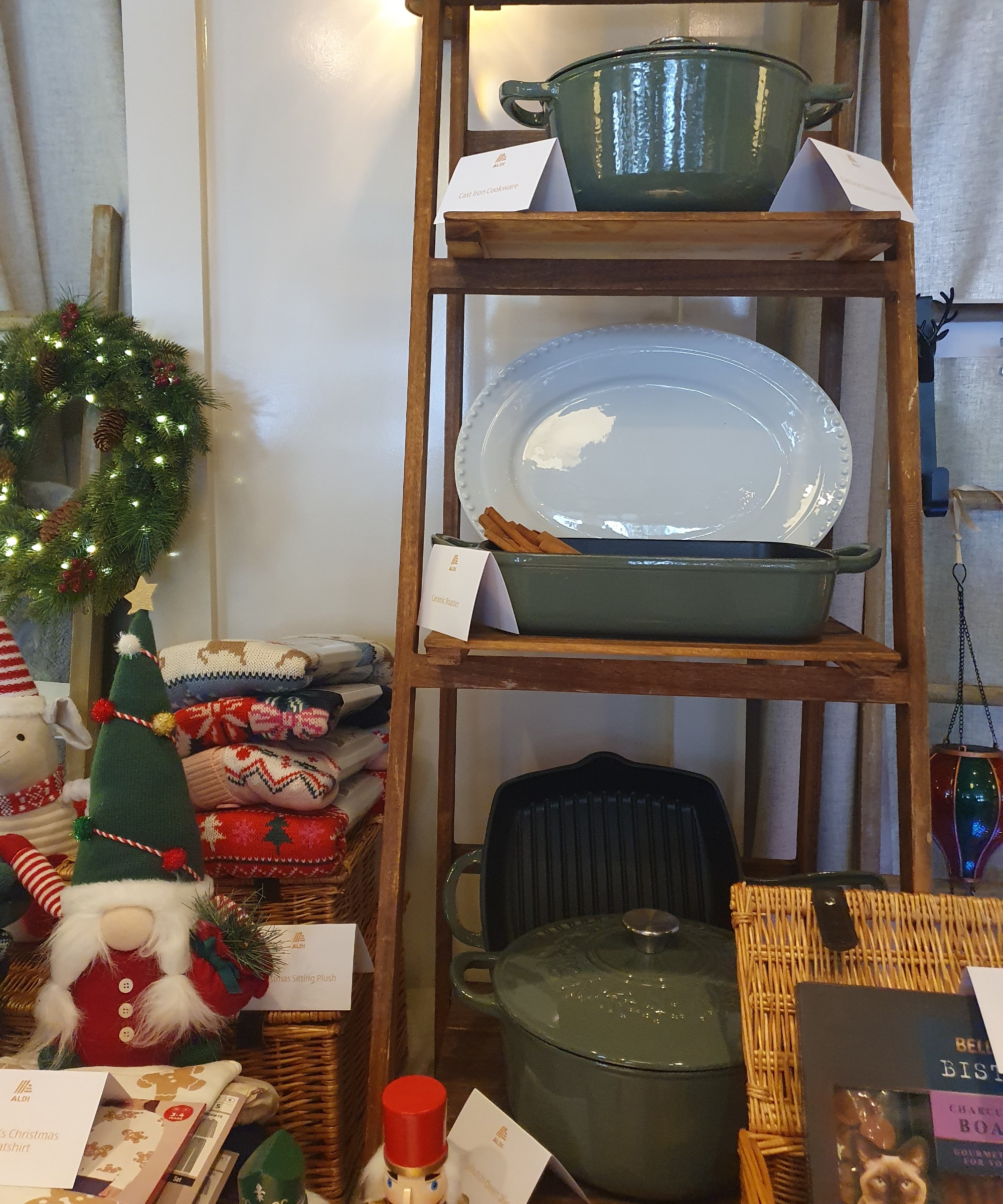 Aldi's green cast iron cookware displayed at the retailer's Christmas press preview for 2026