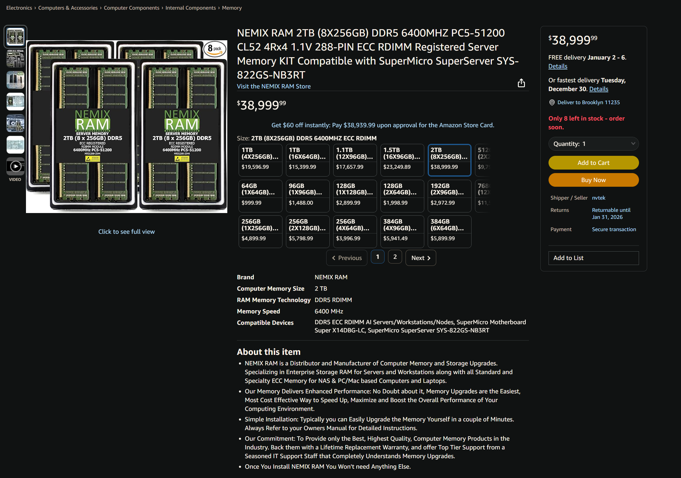 Nemix's 2 TB registered ECC DDR5 server RAM listed on Amazon