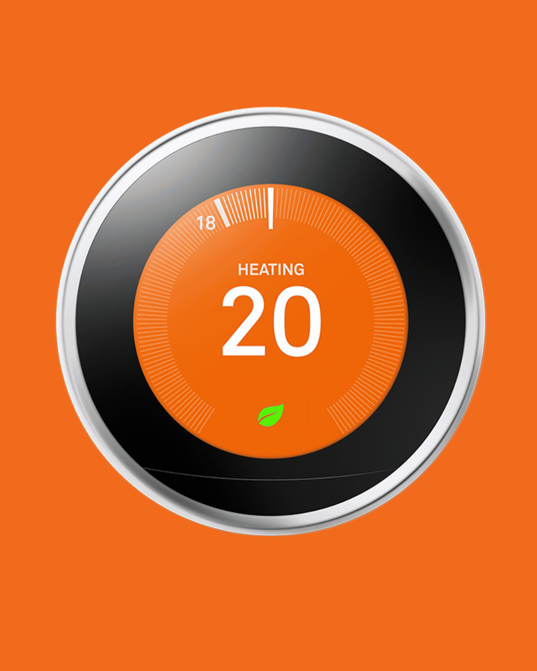 Rotating gif showing a next-generation, sleek and round thermostat with an orange center and black and silver rim, alternating with a quirky living room seen from above with parents and a kid.