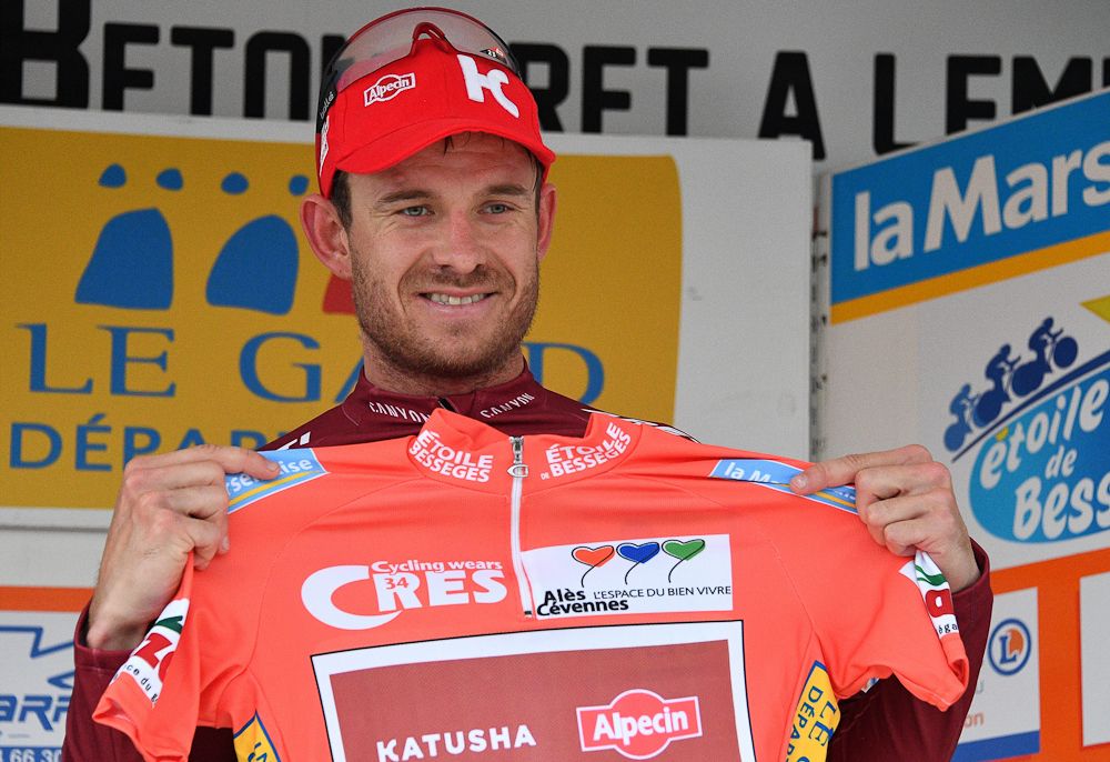 Alexander Kristoff on the podium after winning stage 2 at Etoile de Besseges