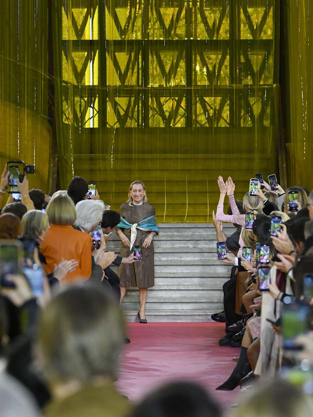 Fashion designer Miuccia Prada walks the runway during the Miu Miu Ready to Wear Spring/Summer 2026 fashion show as part of the Paris Fashion Week on October 6, 2025 in Paris, France.