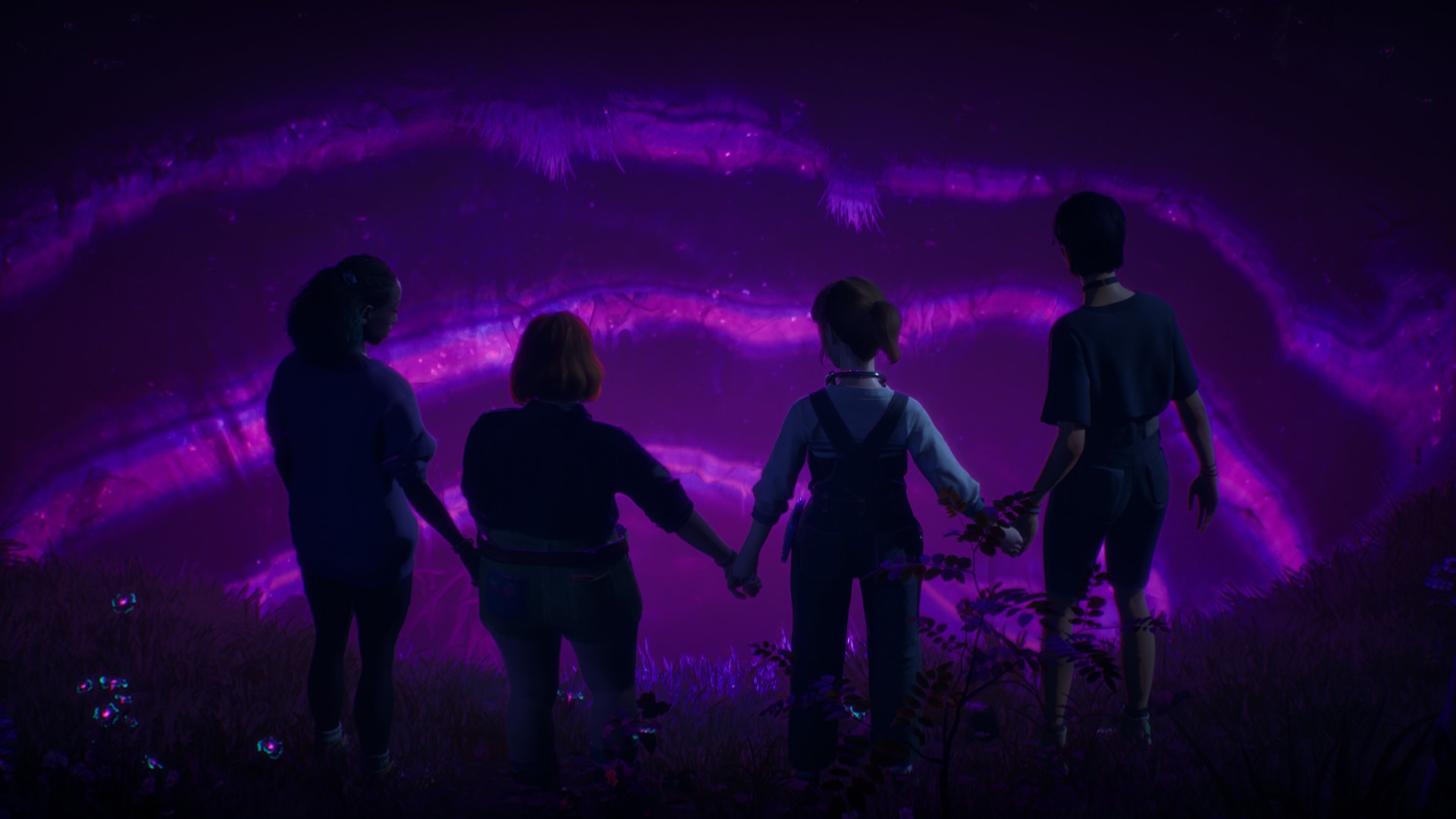 Swann, Autumn, Kat, and Nora in Lost Records: Bloom and Rage hold hands as they look into the depths of a strange, glowing purple hole