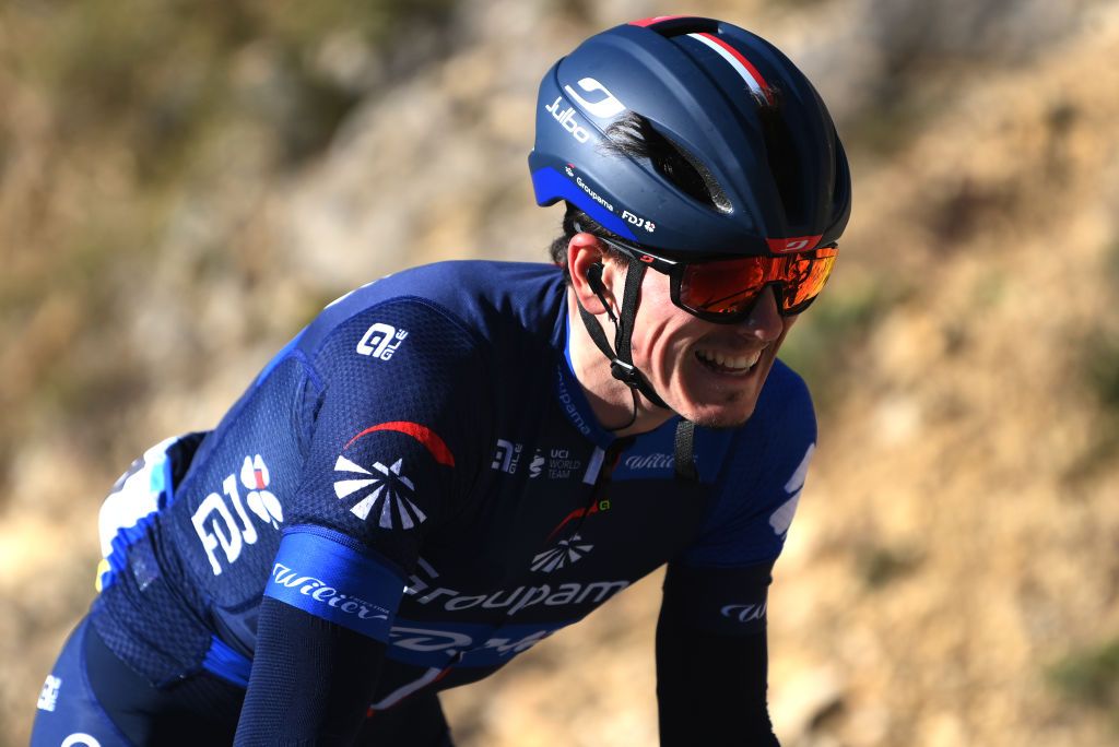 SISTERONFRANCE MARCH 07 David Gaudu of France and Team Groupama FDJ leads the peloton during the 82nd Paris Nice 2024 Stage 5 a 1935km stage from SaintSauveurdeMontagut to Sisteron UCIWT on March 07 2024 in Sisteron France Photo by Alex BroadwayGetty Images