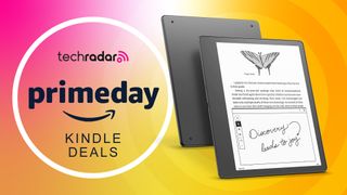 An Amazon Kindle Scribe against a yellow and pink background with a TechRadar Prime Day logo to the left