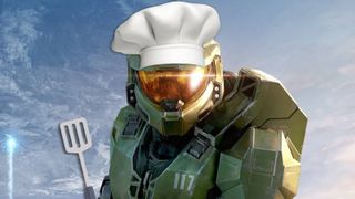 Master Chief wearing a chef's hat and holding a spatula