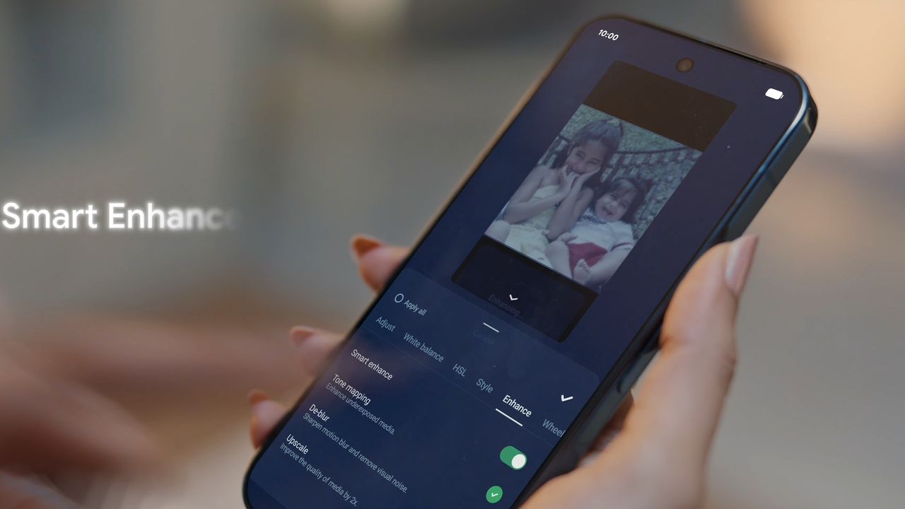 A phone being held in a hand, with photo editing tools on screen