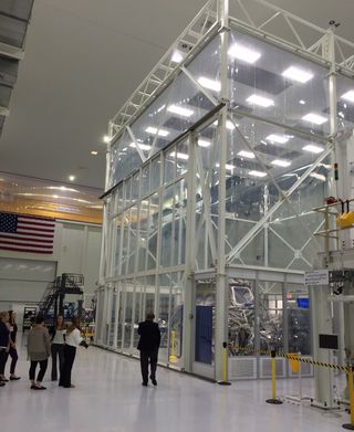 A view of the clean room at NASA’s Kennedy Space Center where the Orion capsule is being readied for a 2018 test flight around the moon. Photo taken Sept. 8, 2016.