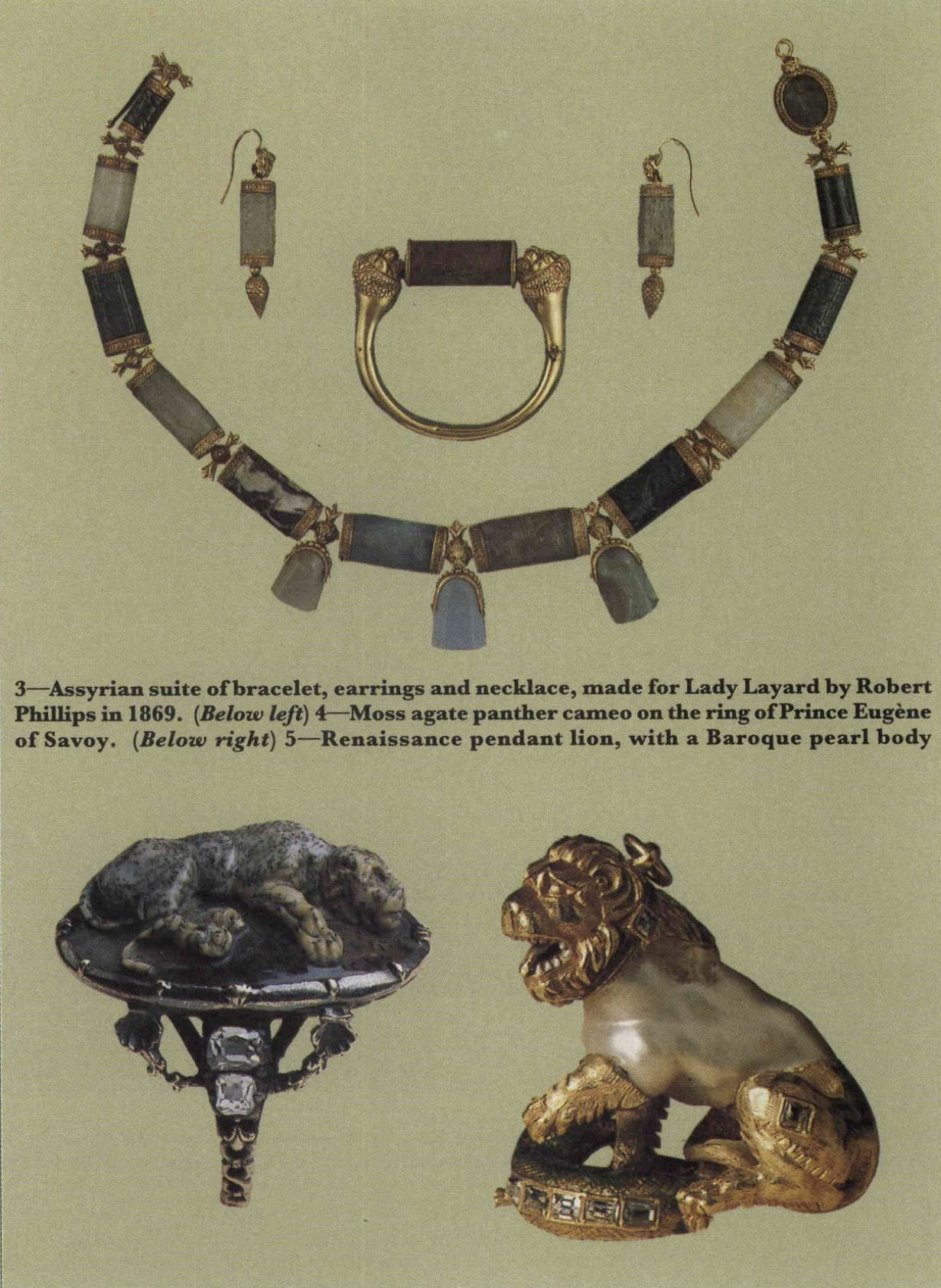 Screenshot of a page published in an archival issue of Country Life featuring animal mascot jewellery on a green background