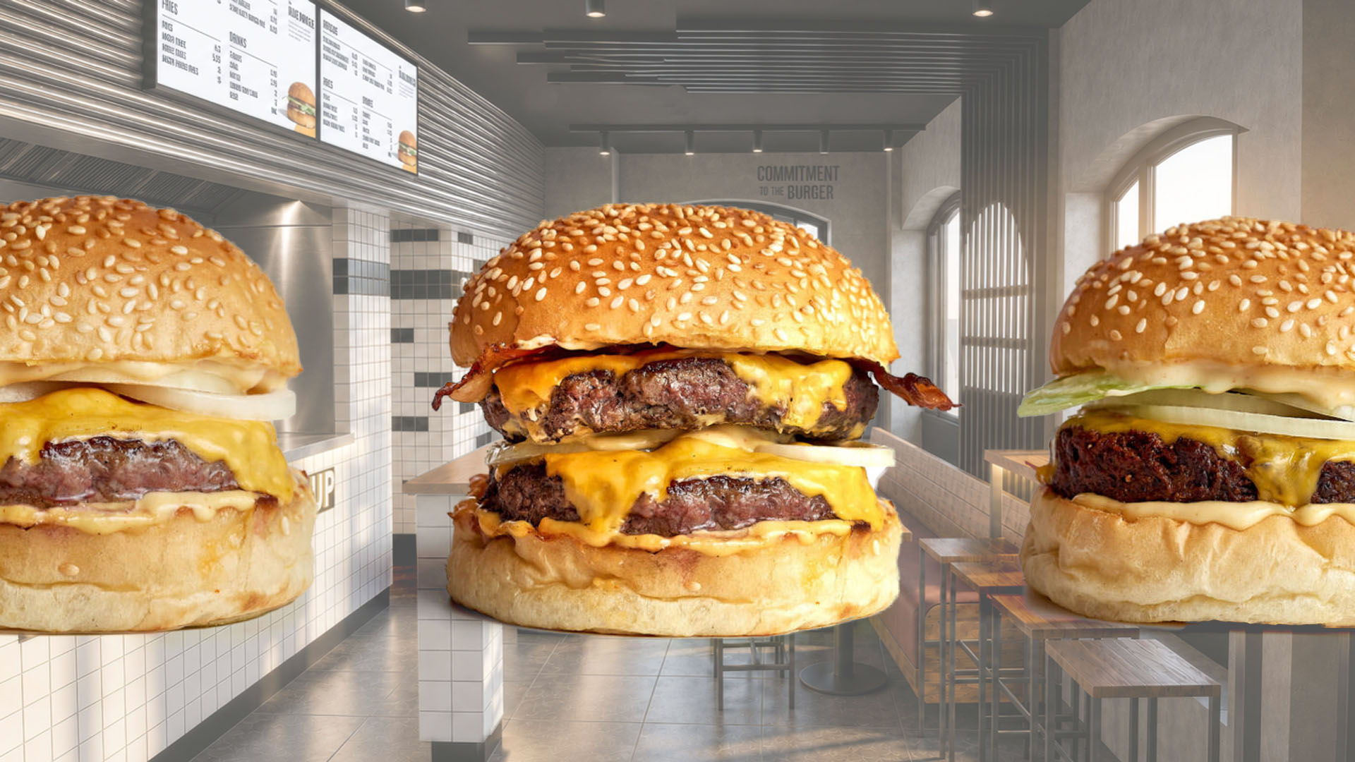 A photo of three burgers. 