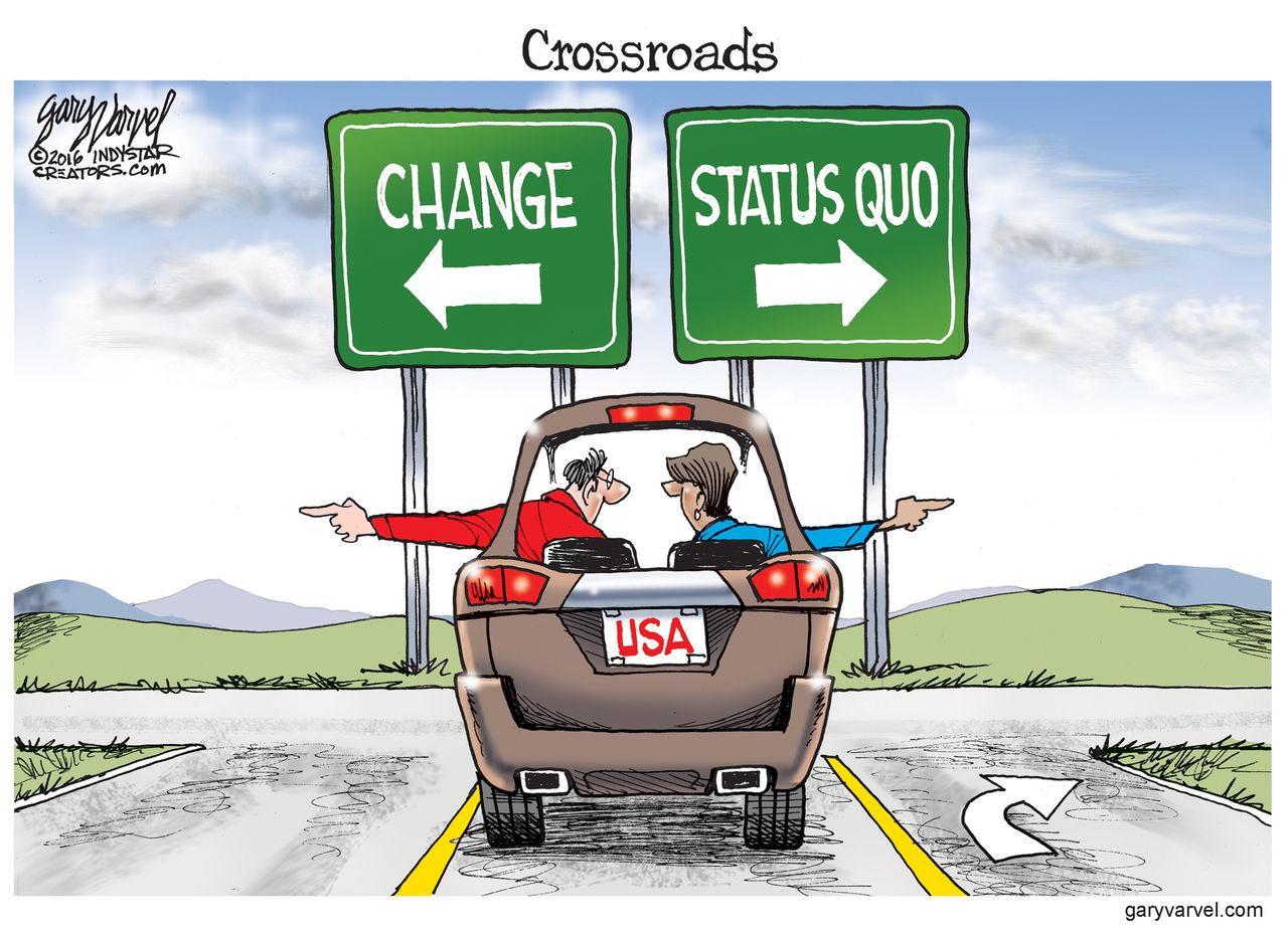 Editorial cartoon U.S. crossroads change status quo