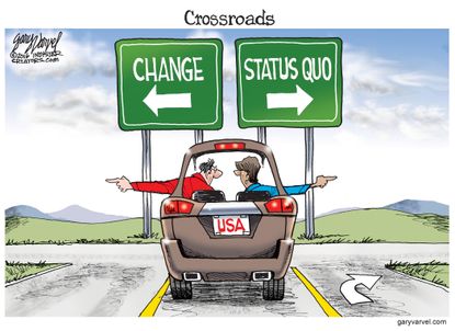 Editorial cartoon U.S. crossroads change status quo