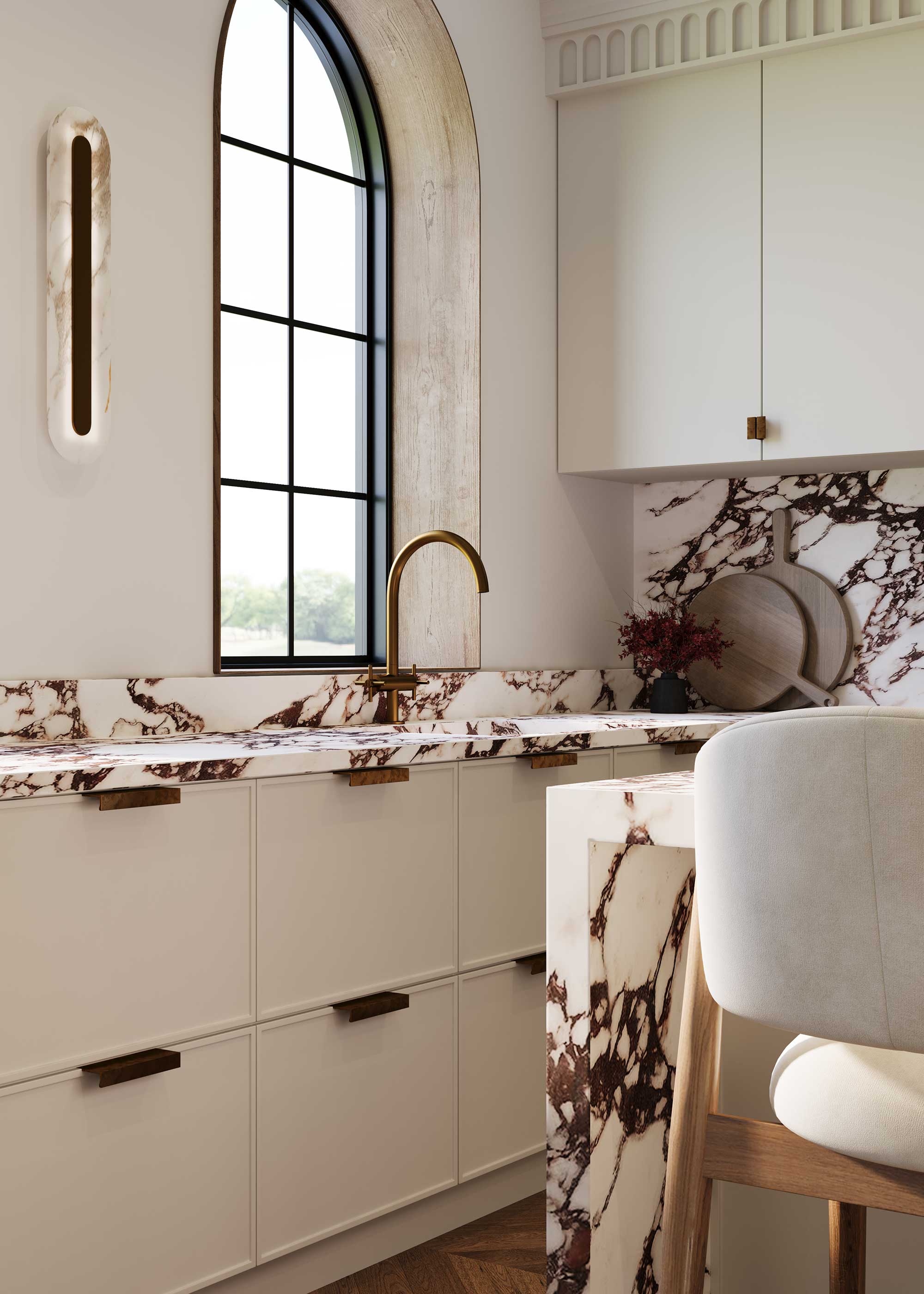 modern white kitchen with brown and white marble worktops
