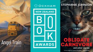 A composite image features the cover of "Angel Train: Four Novellas" by Elizabeth Smither on the left and the cover of "Obligate Carnivore and other stories" by Stephanie Johnson on the right, flanking the logo for the Ockham New Zealand Book Awards in the centre.