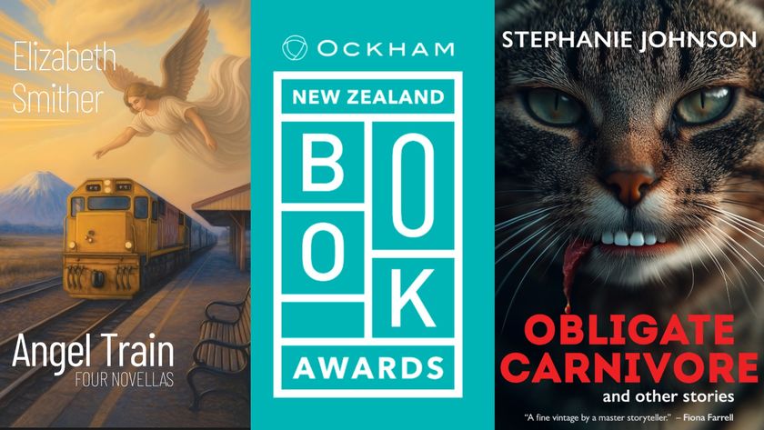 A composite image features the cover of &quot;Angel Train: Four Novellas&quot; by Elizabeth Smither on the left and the cover of &quot;Obligate Carnivore and other stories&quot; by Stephanie Johnson on the right, flanking the logo for the Ockham New Zealand Book Awards in the centre.