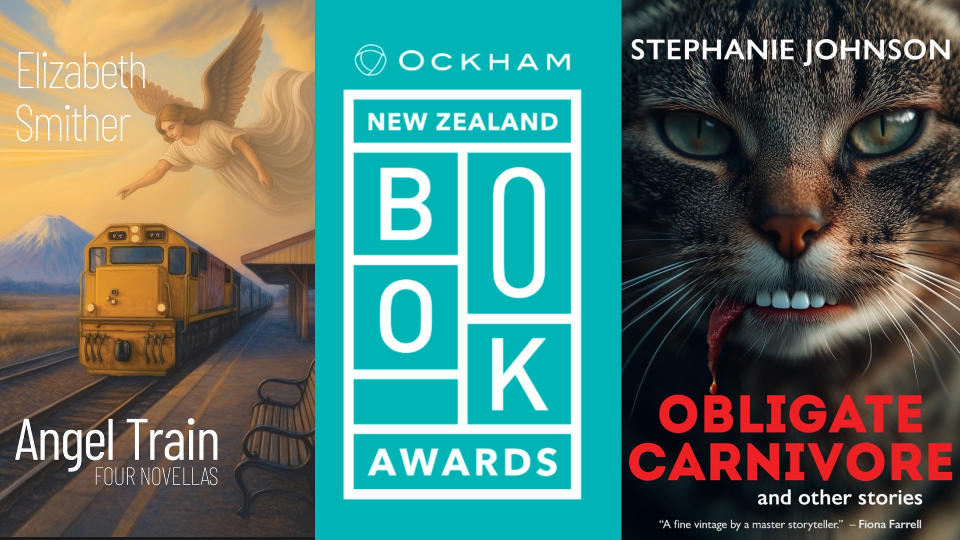 A composite image features the cover of &quot;Angel Train: Four Novellas&quot; by Elizabeth Smither on the left and the cover of &quot;Obligate Carnivore and other stories&quot; by Stephanie Johnson on the right, flanking the logo for the Ockham New Zealand Book Awards in the centre.