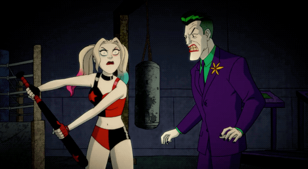 harley quinn hitting joker in the crotch with bat