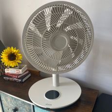 The Duux Whisper Flex 2 smart fan in Stone in desktop configuration on a chest of drawers in front of a taupe wall and next to a vase with a sunflower in it