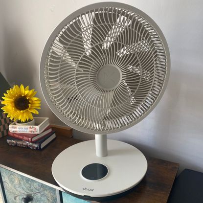 The Duux Whisper Flex 2 smart fan in Stone in desktop configuration on a chest of drawers in front of a taupe wall and next to a vase with a sunflower in it