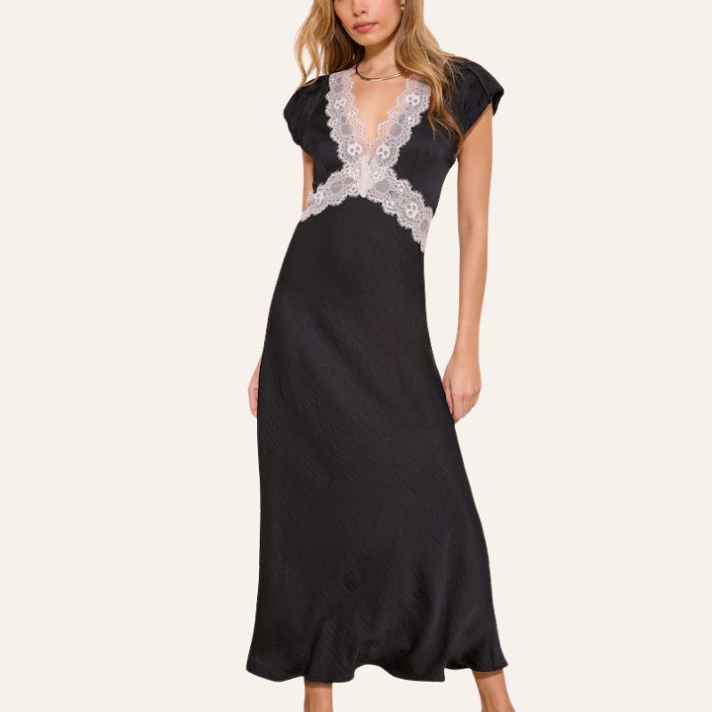 Lipsy Black Lace Trim Satin Midi Dress on model