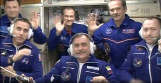 The six-man crew of Expedition 35 aboard the International Space Station.