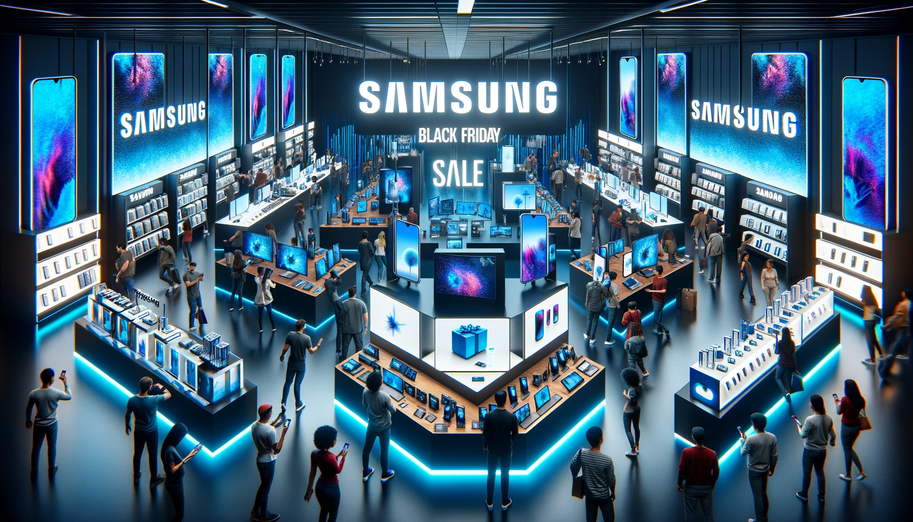  A high quality 3D generation of a Samsung store filled with Monitors, TVs, phones and various tech with the words Samsung Black Friday Sale in the middle 