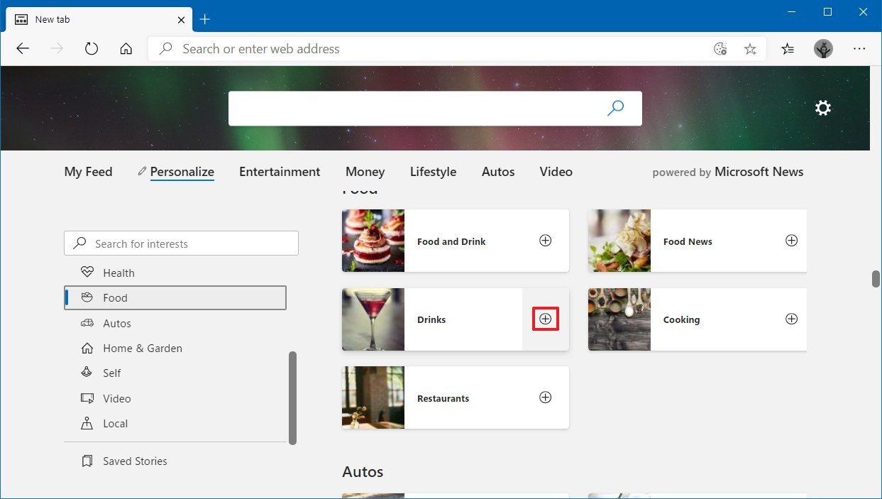 Microsoft Edge configure content interests
