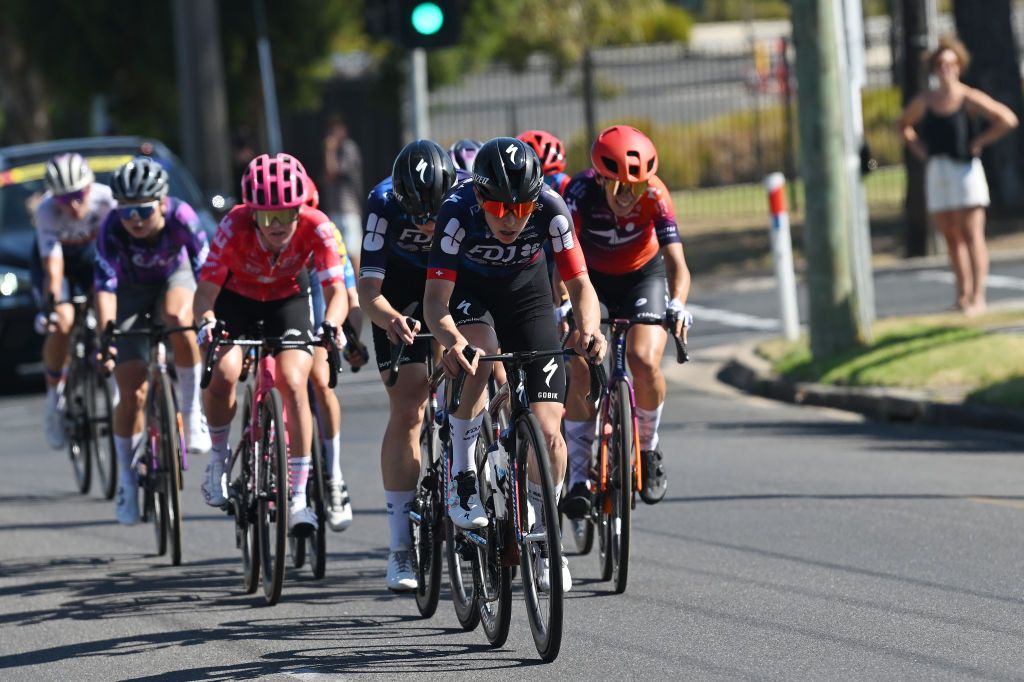GEELONG AUSTRALIA FEBRUARY 01 Elise Chabbey of Switzerland and Team FDJ Suez competes in the breakaway during the 9th Cadel Evans Great Ocean Road Race 2025 Womens Elite a 1418km one day race from Geelong to Geelong UCIWWT on February 01 2025 in Geelong Australia Photo by Dario BelingheriGetty Images