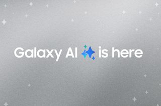 "Galaxy AI is here" in white font on a grey background
