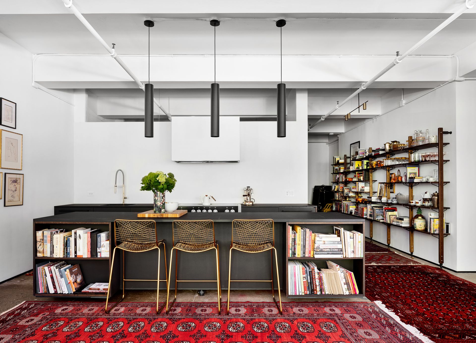 A red rug in a kitchen