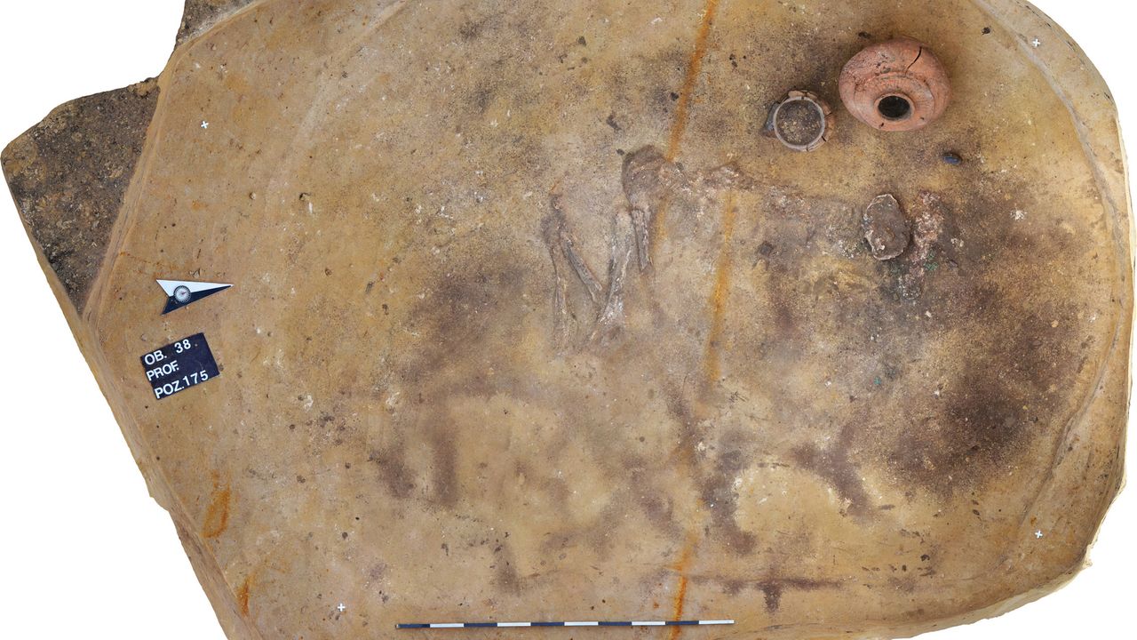 No human remains have yet been identified in the central tombs, but the remains of several burials from the same period have been found in the embankments of earth around them, including this burial of a Neolithic woman.