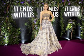 Blake Lively poses for a photo call during the premiere of the movie "It ends with us" in Copenhagen on August 9, 2024.