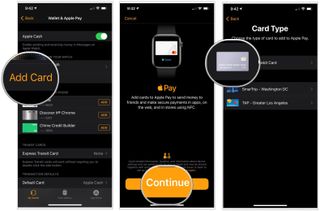 To set up and add cards to Apple Pay for Apple Watch, select Add Card, then tap Continue. From there, choose Credit or Debit Card.