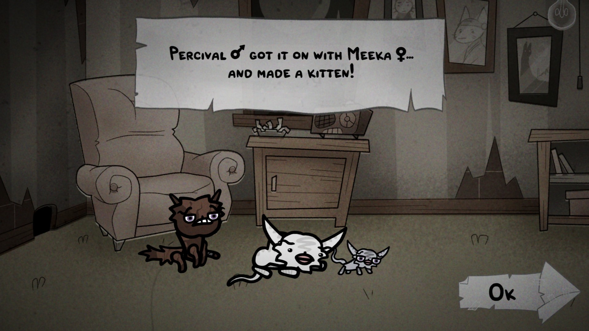 A pair of cats with a newly born kitten in Mewgenics.