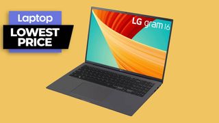 LG gram 16 laptop against an orange background with lowest price deal badge