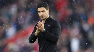 Arsenal manager Mikel Arteta applauds his club's travelling fans after the Premier League match between Southampton and Arsenal on 23 October, 2022 at St. Mary's, Southampton, United Kingdom