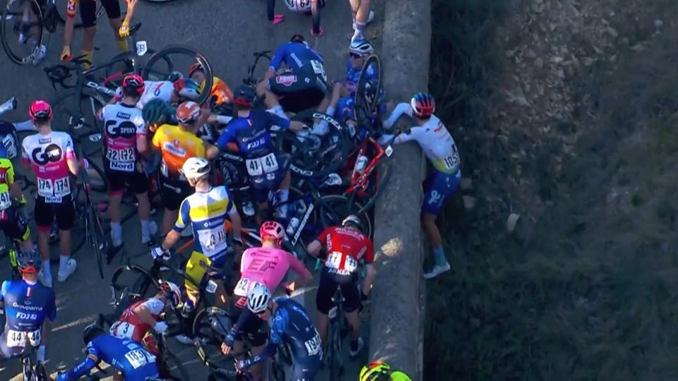 Huge crash, Ferron hanging from bridge leads to cancellation of Etoile de  Bessèges stage 2 | Cyclingnews